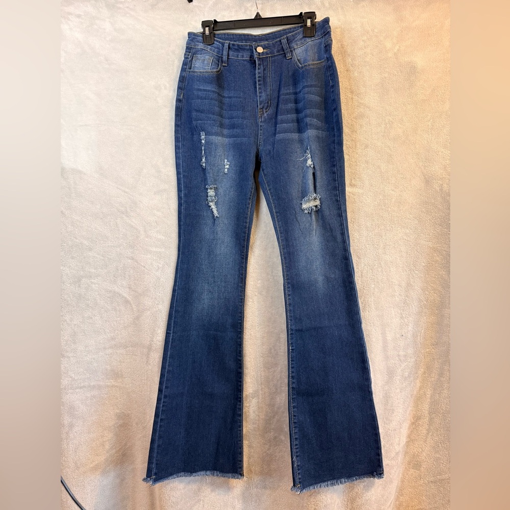 SHEIN Dark Blue Distressed Flare Jeans - Women
